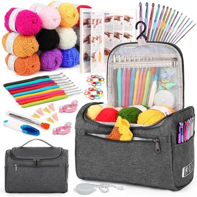 Image de Kit de crochet pour débutants, adultes et experts, comprenant 12 pelotes de laine et 2 crochets de tailles 2,0 mm à 10 mm. Couleur : gris. Portable