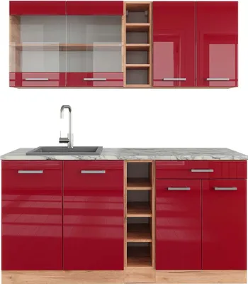 Produktbild von Singleküche Vicco R-Line Rot Hochglanz/Goldkraft Eiche 160 cm , AP Marmor, Model 43037