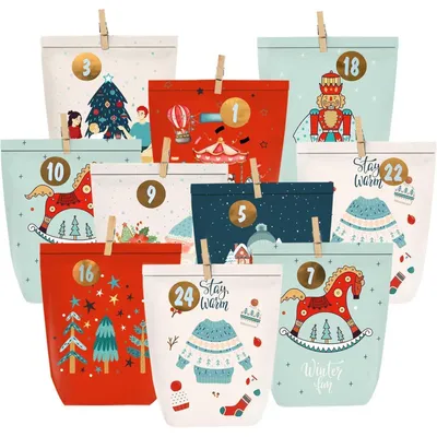 Productafbeelding van Adventskalender met 24 papieren zakjes, cijferstickers, knutselmateriaal, in de kleuren blauw