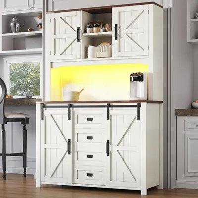 Image de Armoire de cuisine, type buffet, 174,7 cm, blanche, avec éclairage LED et 2 tiroirs