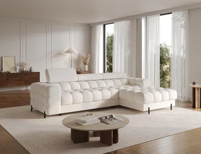 Produktbild von Polsterecke, Eckcouch Wohnlandschaft Sofa mit Ottomane Eckgarnitur - Ecksofa Neviro R - Weiß (Amore 01)