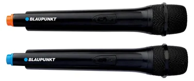 Two black microphones with brand logos and colored accents on a white background.