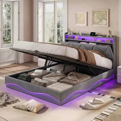 Zdjęcie produktu dla Łóżko 160 x 200 cm, aksamitne, szare, z hydraulicznym schowkiem, oświetleniem LED RGB, portami USB i Type-C oraz zagłówkiem z półką