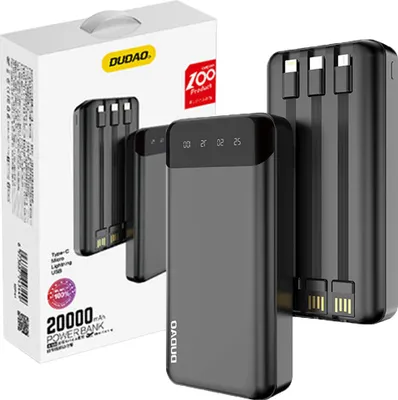Produktbild von Dudao pojemny powerbank z 3 wbudowanymi kablami 20000mAh USB Typ C + micro USB + Lightning czarny (Dudao K6Pro+)