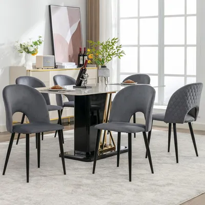 Produktbild von Esszimmerstuhl Polsterstuhl 6er Set Samt Diamantmuster Rückenlehne Metallbeine Verstellbare Füße Grau 47x44x84cm