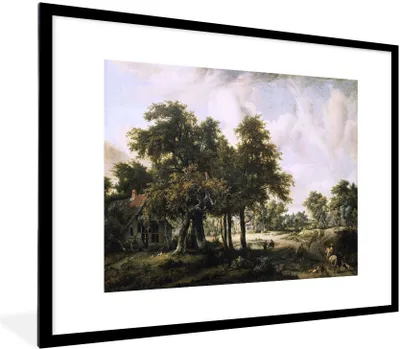 Produktbild von MuchoWow® MuchoWow® Gerahmtes Poster Bewaldete Landschaft mit Bauernhäusern - Gemälde von Meindert Hobbema 80x60 cm - Poster mit zchwarzem Bilderrahmen - Schlafzimmer-Dekorationen - Fotoposter