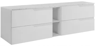 Produktbild von RODAN | Waschbeckenunterschrank Weiß 140 cm - Tischplatte in Weißmarmoroptik - 4 Schubladen - Hängend - Eingebautes weißes Regal - MODERN