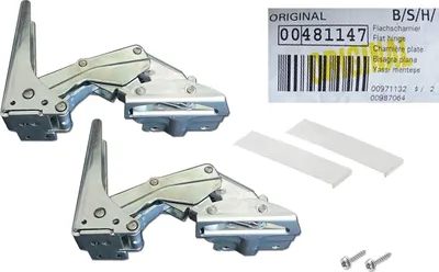 Two metal hinges are displayed on a white background, along with a label and some small accessories.