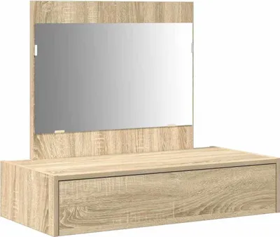 A wooden dressing table with a mirror and a drawer.
