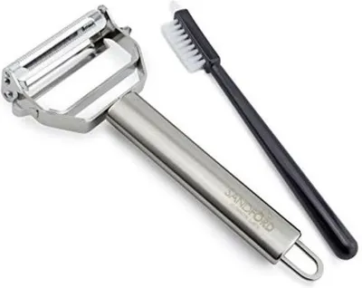 Produktbild von RVS-Vegemesser mit Strohmesser und Spiral-Schneidwerkzeug für Gemüse und Obst, inkl. Reinigungsbürste.