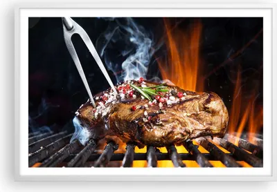Produktbild von Gerahmtes Poster - Weißer Rahmen - Steak Grill Flammen Essen - 91,5x61 cm - Wand Bild - Wanddeko - Wandbilder - Kunstposter - Wandposter - Bilderrahmen - Bilder - Kunstdruck - Wandbild P2WAA91x61-2865