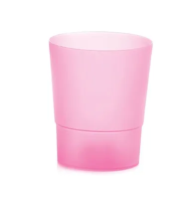 A pink, translucent orchid pot is shown against a white background.