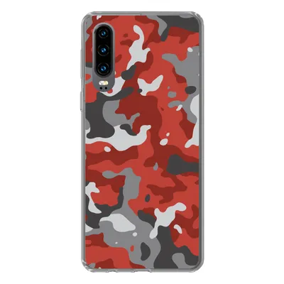 Produktbild von MuchoWow® Handyhülle Schutzhülle Hülle für Huawei P30 Rot mit grauem Camouflage-Muster Silikon Softcase Handy Hülle - Kartenbesitzer