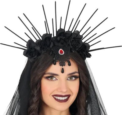 Produktbild von Tag Der Toten Kronenhaarband Halloween Schwarzer Schleier Blüten Stacheln, Farbe: Schwarz