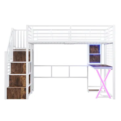 Produktbild von Merax Etagenbett Hochbett 90x200 cm, mit LED, Schreibtisch, Kleiderschrank, Ablageleiter, Regale, Metall Stockbett, Kinderbett, Weiß