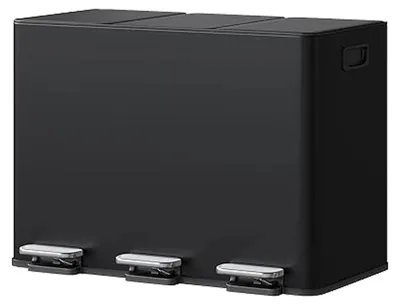 Image de Poubelle de cuisine - Pédaleur 3 compartiments de 15 litres - Tri sélectif des déchets - Acier inoxydable - Couvercle à fermeture douce - Pédales séparées - Noir