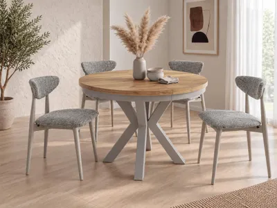 Produktbild von Runder Ausziehbarer Esstisch im Loft-Stil - Industrieller Tisch mit Grau-Beige Kaschmir Metallbeinen - Platzsparender Tisch für Wohnzimmer - Craft Eiche - 100 bis 180 cm