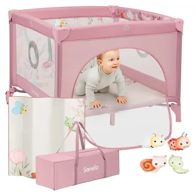 Immagine prodotto di LIONELO box Mille Plus fino a 15 kg, 6-36 mesi, con materasso in schiuma, set di giocattoli colorati e pratica borsa per il trasporto - rosa