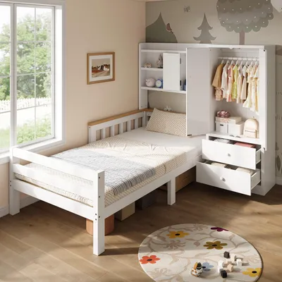 Imagen del producto de Cama infantil LVHOM de 90x200 cm con armario, cajones y estanterías, cama con espacio de almacenamiento de madera maciza con protección anticaídas, cama multifuncional para jóvenes, color blanco