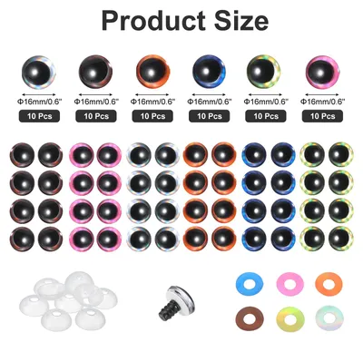 Produktbild von 16mm Flash Sicherheitsaugen, 60 Stš¹ck Mond Puppenaugen Realistische Bunte H?kel-Sicherheitsaugen fš¹r Dekoration H?keln Sicherheitsaugen fš¹r Puppenhandwerk Halloween, 6 Farben