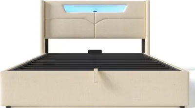 Produktbild von MODFU Boxspringbett Hydraulisches 140 x 200 cm mit LED-Beleuchtung, Polsterbett Funktionelles mit USB-Ladeanschluss, Doppelbett Stauraumbett mit Bettkasten Stauraum, Leinenmaterial Beige(Ohne Matratze)