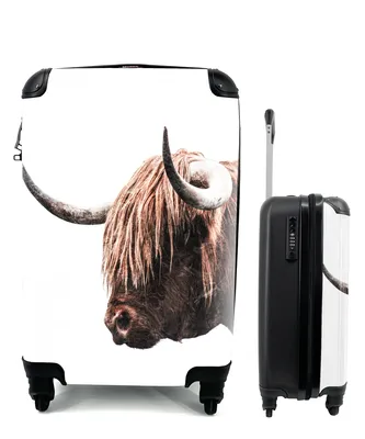 Produktbild von MuchoWow® Koffer Handgepäck Trolley Rollkoffer Kleine Reisekoffer mit 4 Rollen - Schottischer Highlander - Horn - Weiß - Cabin Size < 55x40x23 cm & 55x40x20 cm - Fotokoffer - Kabinenkoffer - Boardgepäck - Reise-Box - Reisekoffer - Reisegepäck - Koffer mit Bild - Trolley für Kinder