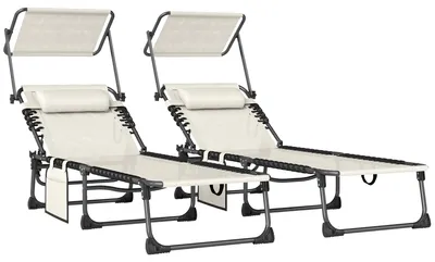 Produktbild von 2er-Set klappbare Sonnenliegen, 5-fach verstellbare Rückenlehne, 190x57x30 cm, Creme – 360° drehbares Sonnendach – atmungsaktives Mesh – inkl. Kopfstützen und Seitentasche