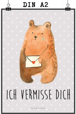 Produktbild von Mr. & Mrs. Panda Bild Bär Liebesbrief DIN A2 - Grau Pastell - Geschenk, Freund, wanddeko, Wandbild, Teddy, Sehnsucht, Wandschmuck, Freundin, Liebeskummer, Posterdruck
