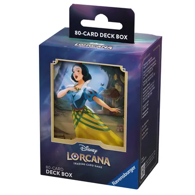 A product shot of a Disney Lorcana trading card game deck box featuring Snow White.