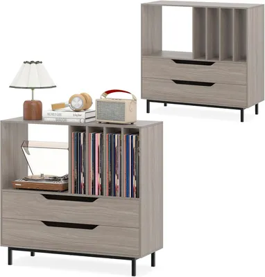 Produktbild von KOMFOTTEU Plattenspielerständer mit offenem Fach und 2 Schubladen, Schallplattenständer mit Metallbeinen, Präsentationsregal für Schlafzimmer, Wohnzimmer, Studio (Grau)