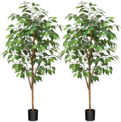Zdjęcie produktu dla Sztuczne drzewka figowe (Ficus benjamina) o wysokości 120 cm, z naturalnymi drewnianymi pniami, sztuczne rośliny doniczkowe do domu i biura, na balkon oraz do celów dekoracyjnych