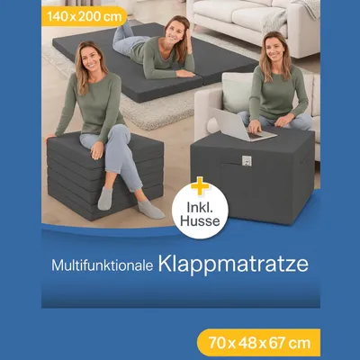 Image de Matelas pliant 3-en-1 Belviona, lit d'appoint pliable avec housse lavable et poches latérales, peu encombrant, peut servir de pouf