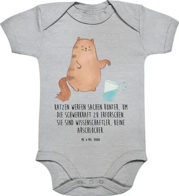Produktbild von Mr. & Mrs. Panda overall baby Katze Wasserglas 12. - 18. Monat - Heather Grey - Geschenk, Babybody, body baumwolle, babykleidung, Cat, Strampler, Neugierig, Cats, Wasser