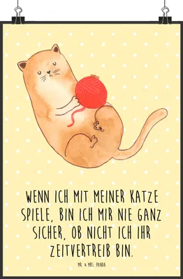Produktbild von Mr. & Mrs. Panda Bild Katze Wolle DIN A2 - Gelb Pastell - Geschenk, Wanddekoration, wanddeko, Katzen, Haha, Wandbild, Kunstdruck, Spielen, Cats, drucke