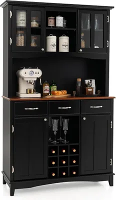 Productafbeelding van Keukenkast, buffet met 3 lades, kasten, wijnrek, open planken en werkblad. Hoog buffetkast met verstelbare planken, 112 x 43 x 184,5 cm, zwart