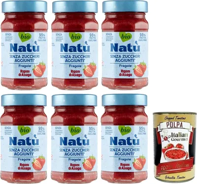 Produktbild von 6x Rigoni di Asiago Natù Fragole -Erdbeerzubereitung,Erdbeerkonfitüre Ohne Zuckerzusatz 240g + Italian Gourmet Polpa di Pomodoro 400g Dose