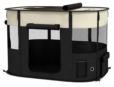 Produktbild von Faltbarer Laufstall fš¹r Hunde, Katzen und Kleintiere, aus Oxford-Gewebe mit Stauraum, 94 x 74 x 60 cm, cremefarben und schwarz