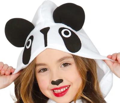 A young girl wearing a panda costume hood.
