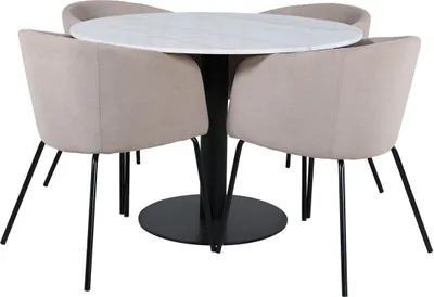 Produktbild von EstelleØ106WHBL Essgruppe Esstisch weiß, Marmor und 4 Berit Esszimmerstühle beige.