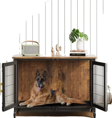 Obrázek produktu pro Klec pro psy, vysoce kvalitní dřevěný a ocelový rám, délka 95 cm, výška 65 cm, nosnost psů do 30 kg, uzamykatelná kolečka