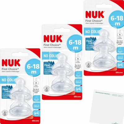 Produktbild von Nuk First Choice+ Trinksauger Flow Control 6-18 Monate 3er Pack (6Stk) + usy Block