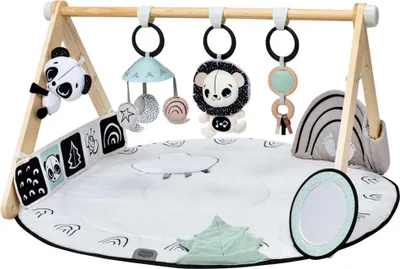 A baby play gym with various hanging toys and a padded mat.