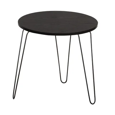 A round, dark wood-effect side table with three black metal hairpin legs, shown against a white background.