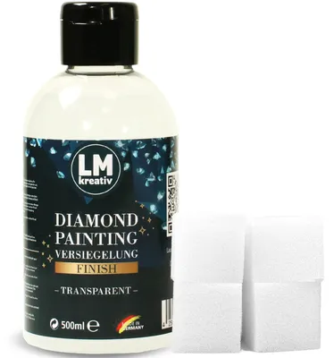 Produktbild von LM-Kreativ Diamond Painting Versiegelung 500 ml, transparent glänzend – wasserbasierter Finish-Lack inkl. 4 Schwämmchen
