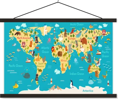 Produktbild von MuchoWow® Textilposter Weltkarte - Kinder - Tiere - Gelb - Blau - Jungen - Mädchen 60x40 cm mit schwarzem Rahmen - Hölzernes