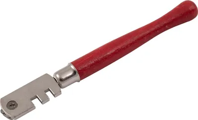 A glass cutter with a red handle and a metal cutting head is shown against a white background.