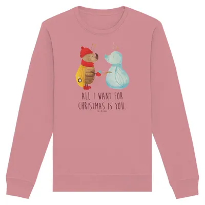 Produktbild von Mr. & Mrs. Panda Baumwoll Pullover Nachtfalter Schneemann Größe L - Canyon Pink - Geschenk, Weihnachten, Pulli, Sweatshirt, Weihnachtsgruß, Schnee, Rundhals, Winter