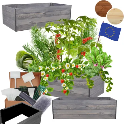 Produktbild von MODO24 Hochbeet Holz, Pflanzkasten, Massivholz, Kiefer, Kräuterbeet, Blumenkasten, Garten, Terrasse, 36x120x80 cm, Grau, ZP06