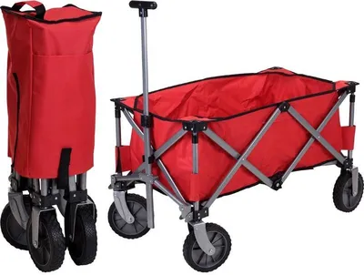 A red foldable wagon is shown in two configurations: folded and unfolded, against a white background.