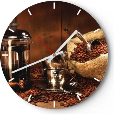 Produktbild von Wanduhr - Rund - Glasuhr - Kaffeebohnen gerösteter Kaffee Tasse - 40x40cm - Schleichendes Uhrwerk - Lautlos - zum Aufhängen bereit - Dekoration Modern - Wanddekoration aus Glas - C3AR40x40-0434